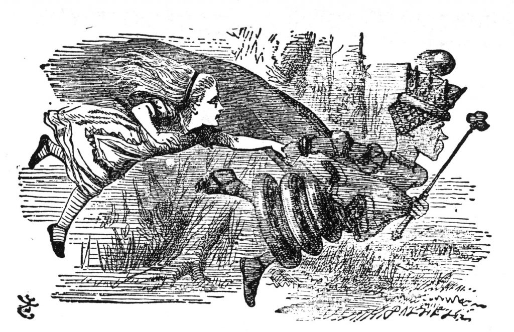 La hipótesis de la reina roja fue propuesta por Leigh Van Valen en 1973. En ella planteaba que una adaptación favorable para una especie implicaba una consecuencia negativa para otra especie, "obligándola" a evolucionar para no morir. Imagen: dibujada por Sir John Tenniel para "Alicia a través del espejo",  1871